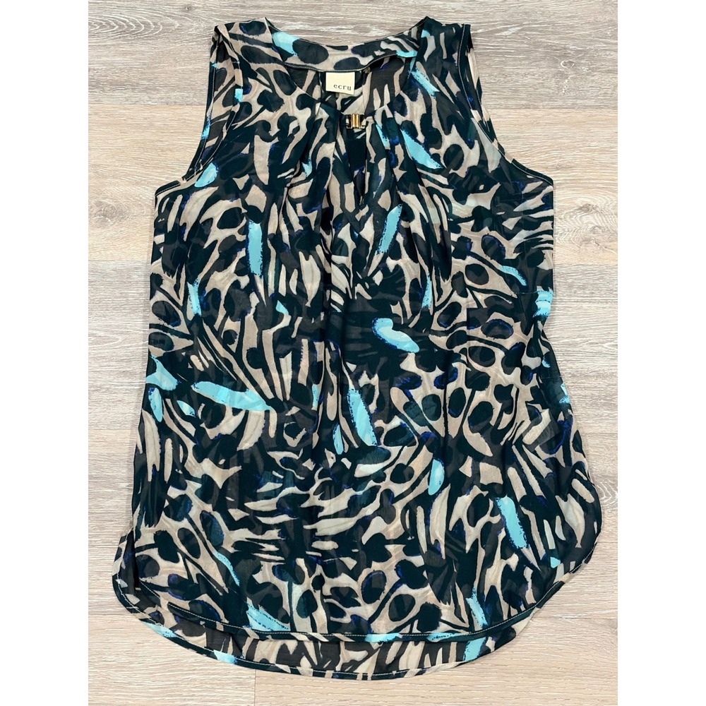 Ecru Womens Sleeveless Abstract Animal Print Chiffon Blouse Blue Black Small